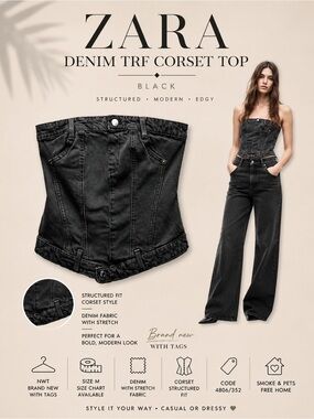 Zara Black Denim TRF Corset Top Size M NWT Strapless Structured Bustier
